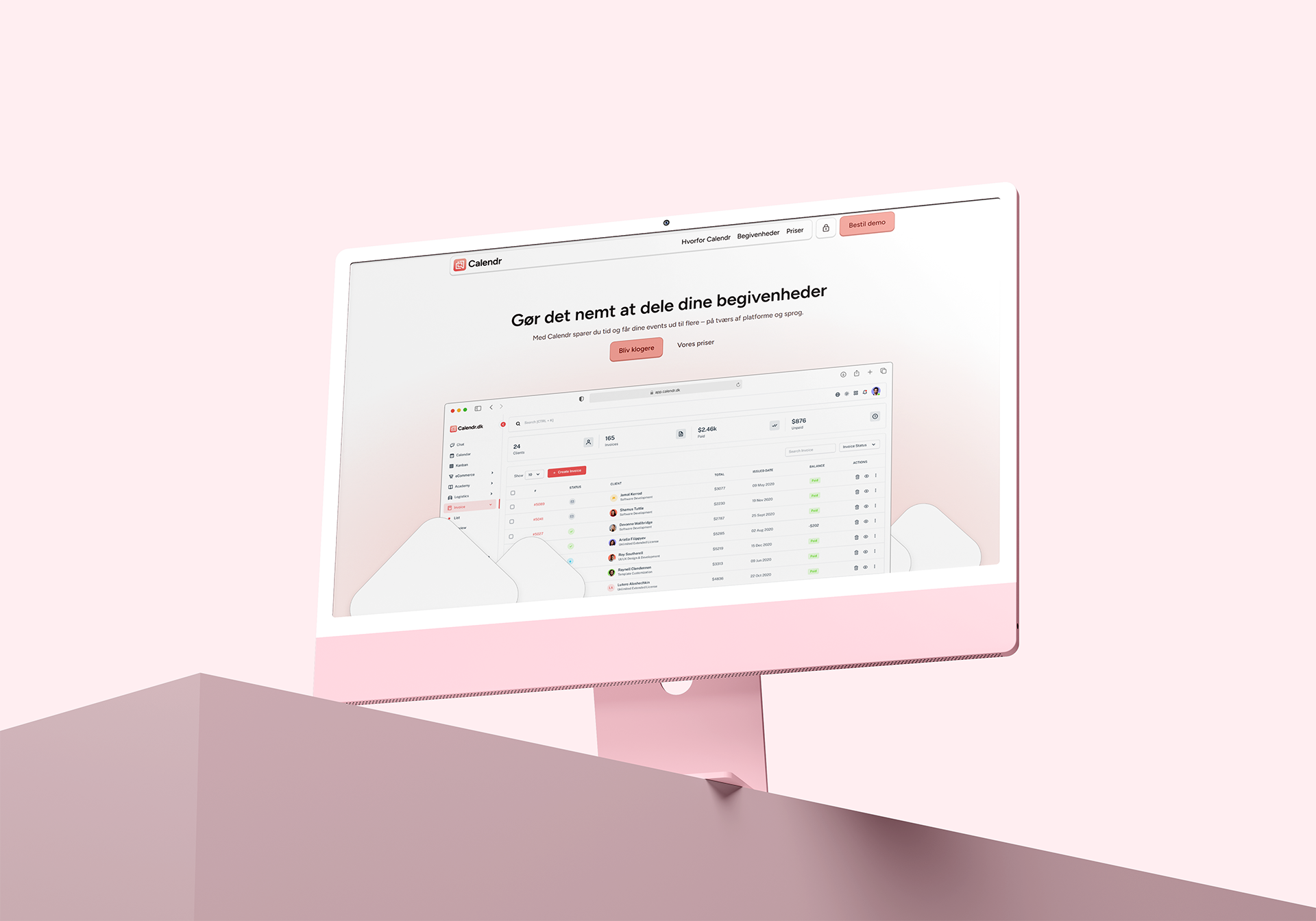 Calendr case billede med lyserrød baggrund